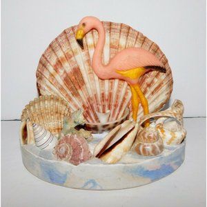 VTG Florida Souvenir Pink Flamingo Shells blue White Plaster Base Napkin Holder